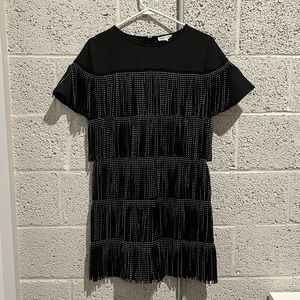 Main Strip Black Fitted Mini Fringed Dress Large